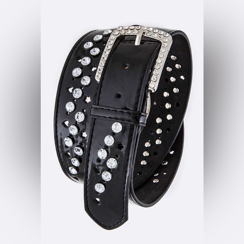 Black Patent Leather Rhinestone Statement Belt